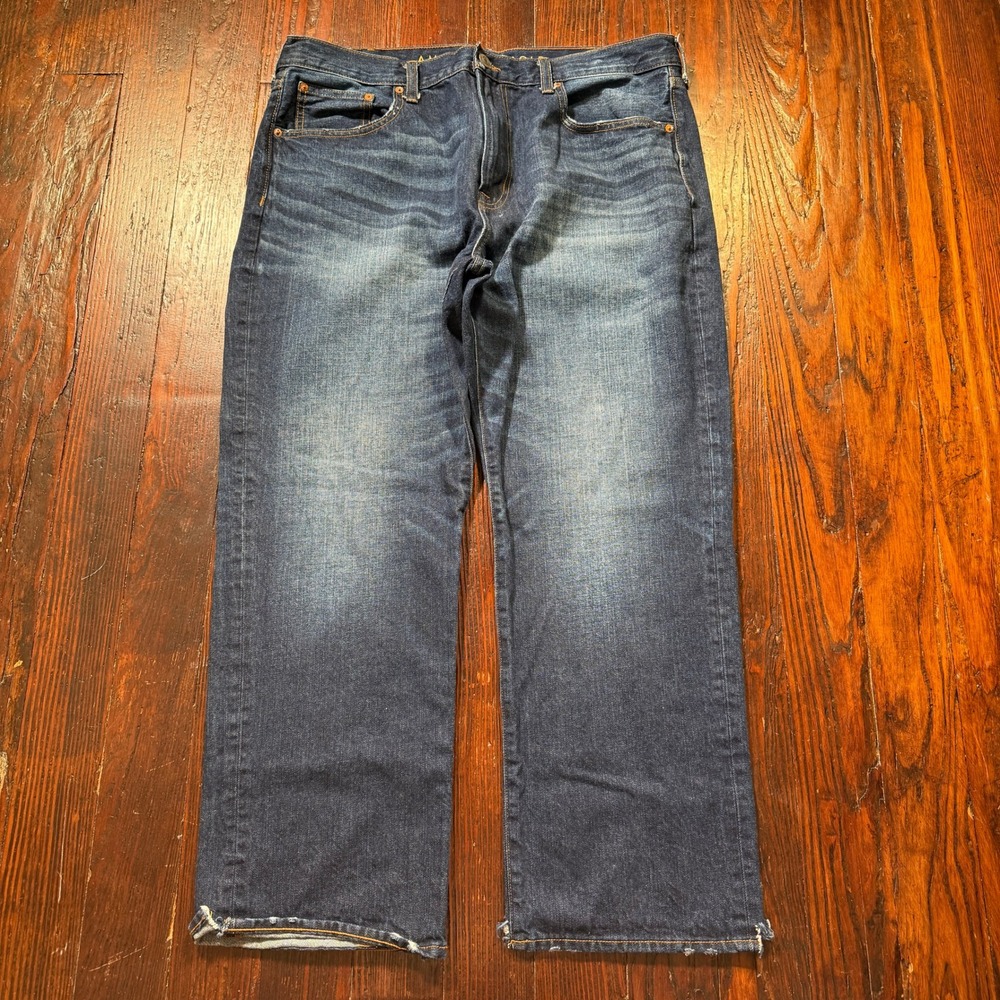 American Eagle Jeans Mens 38x30 Blue Relaxed Straight Dark Wash Faded Whiskers - Picture 1 of 10